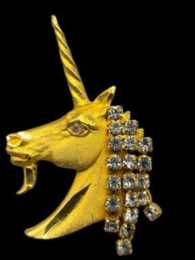 Vintage Mid-Century Gold-Tone Unicorn Pendant Keyes Attributed, Rhinestone Mane